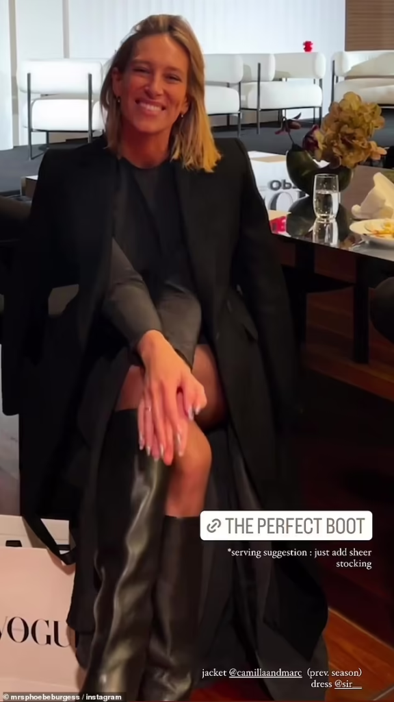 As she records her podcast for Vogue, Phoebe Burgess shows off her $1700 designer outfit and $950 leather boots