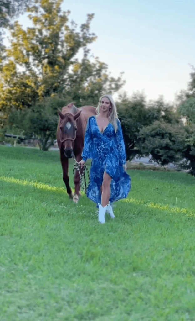 Teresi treated fans to shots of her walking alongside a brown horse in an open field wearing a blue and white dress, while a thoroughbred stood in the background.