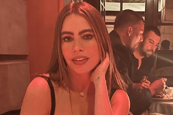 A plunging dress risked a wardrobe malfunction as Sofia Vergara posed at a dinner table