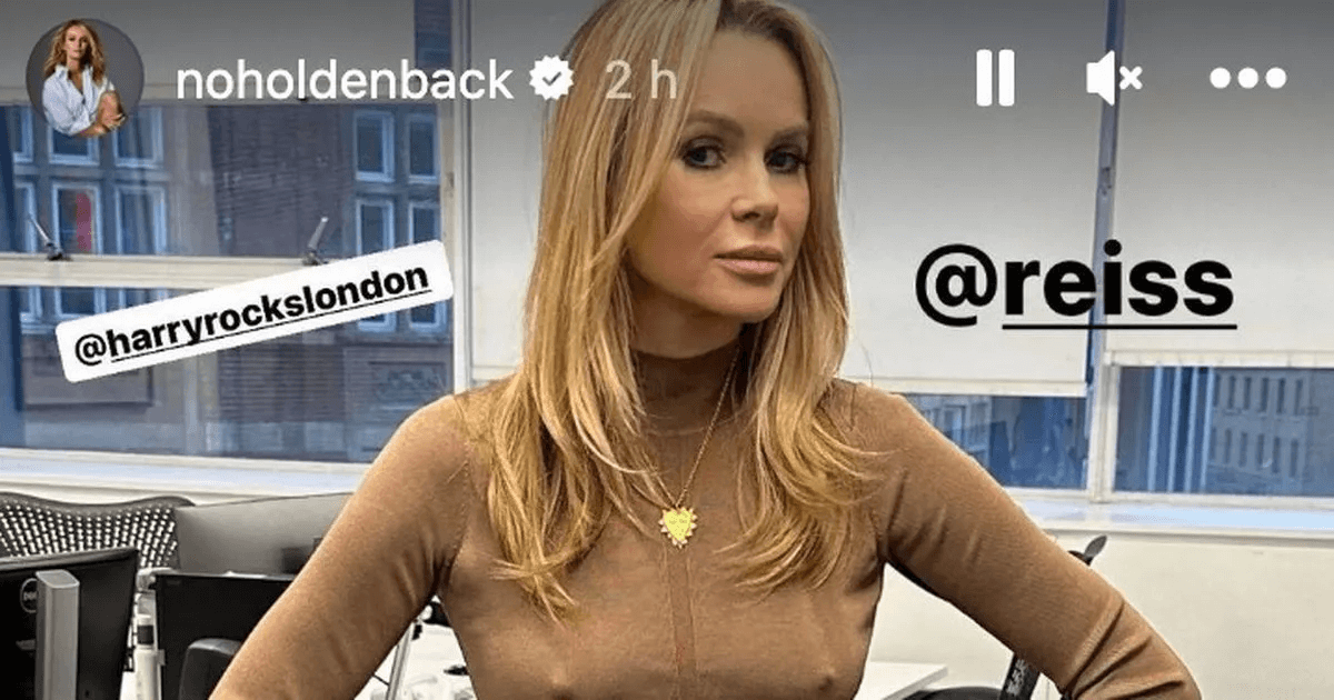 In a rather revealing long brown dress, Amanda Holden, 53, bares her killer figure without a bra