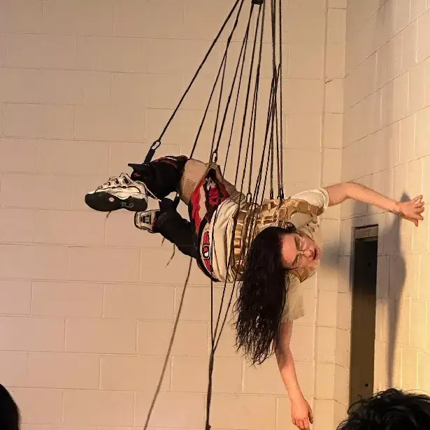 In a second picture, the singer was hanging sideways from a trapeze-style hanging.