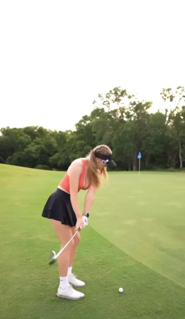 With a soaring driver down the fairway, the social star cut off the corner of the par five, allowing her to set up an Eagle chip after a stunning second shot with her wood.