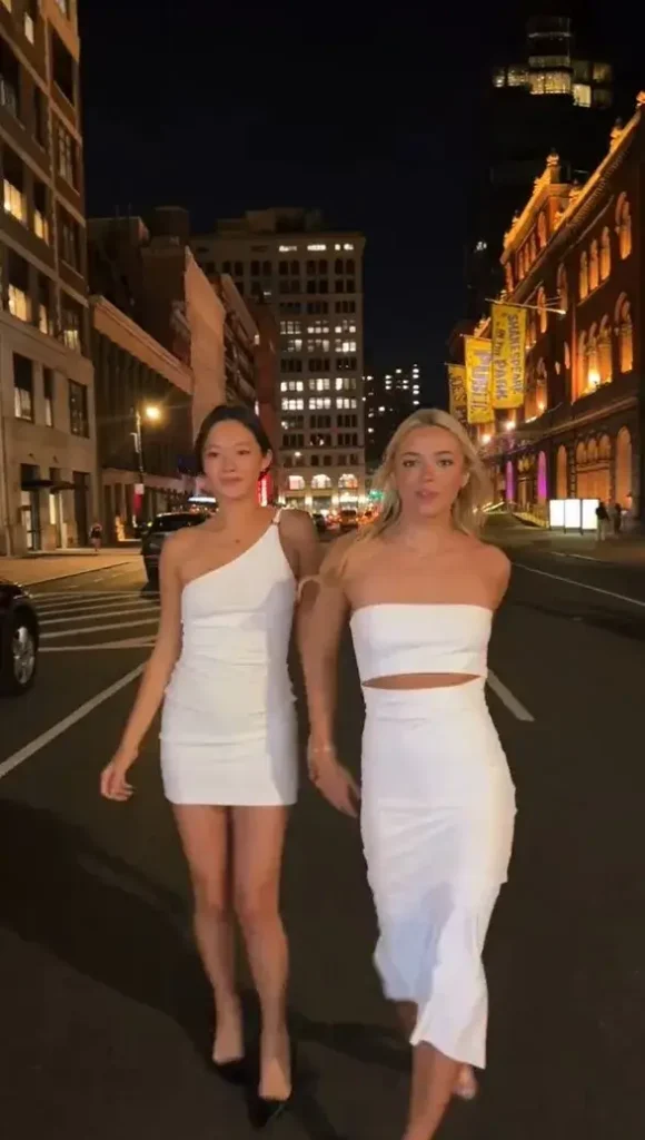 In a bold video, Olivia Dunne wowed in her jaw-dropping white outfits while in the streets of New York City with another TikTok star.