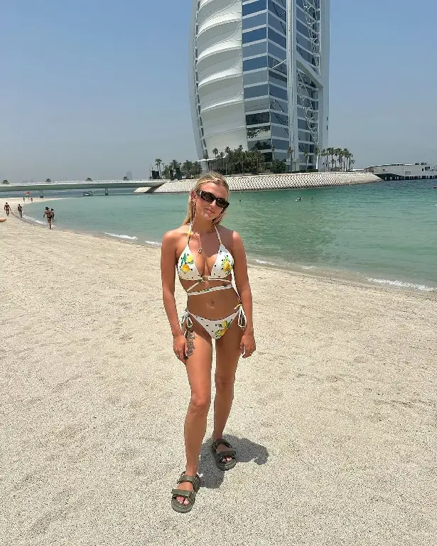 Lucy Fallon gave fans a glimpse of her stunning body in a tiny white and yellow bikini during a sun-soaked vacation with her family. 