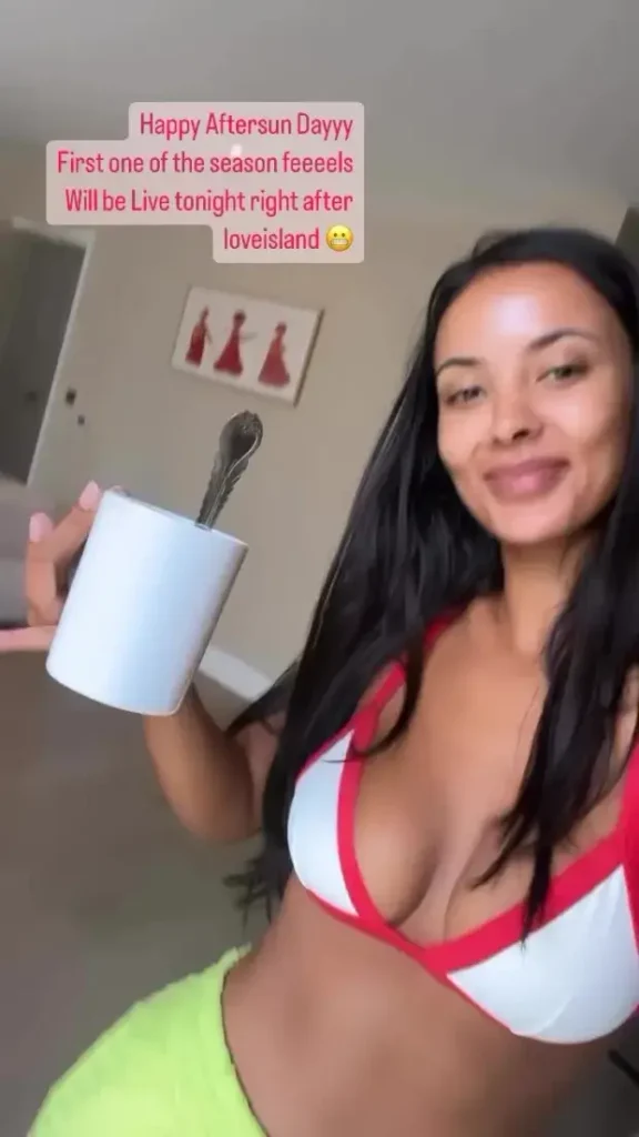 On her Instagram Story, Maya Jama put on a gorgeous display while dancing to Make Me by Borai and Denham Audio in a white-and-red bikini top as she prepares to host first Love Island Aftersun of the series.