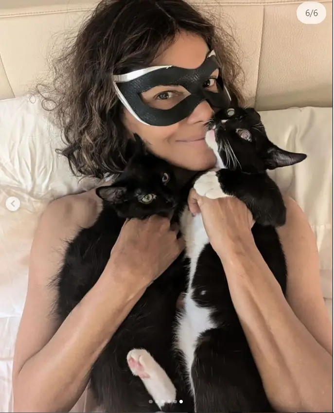 Halle Berry posed topless in sultry snaps on Tuesday, cradling two adorable black rescue cats as she celebrated Catwoman's 20th anniversary.