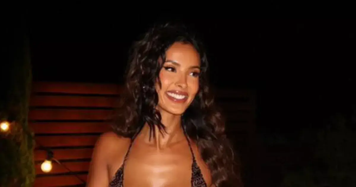 Maya Jama flaunted her gorgeous curves in a plunging outfit that featured a busty brown crochet top and a green patterned skirt