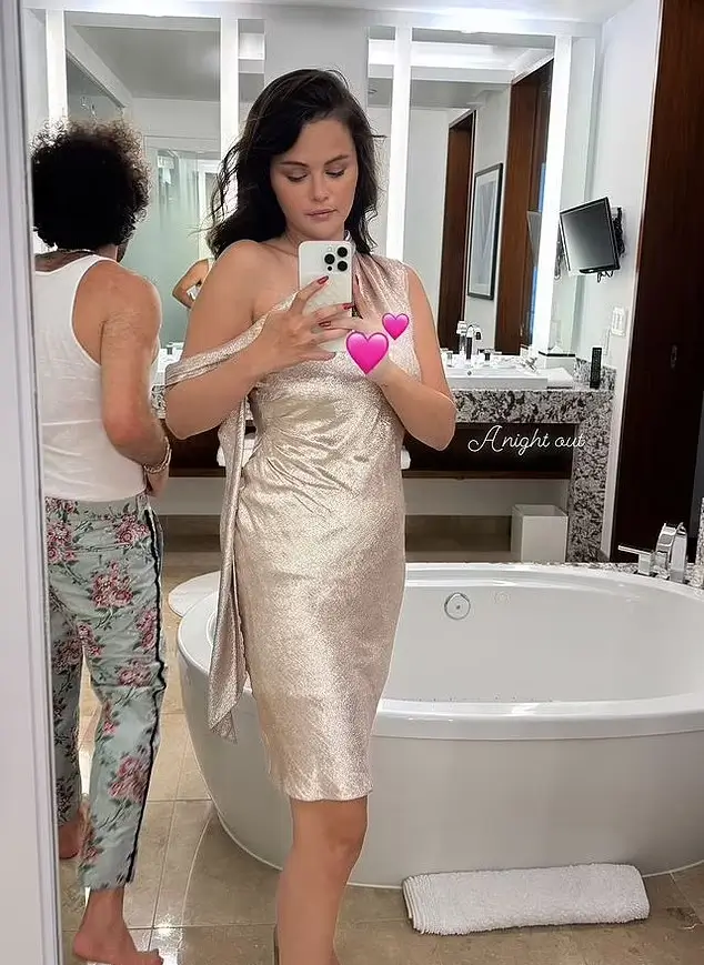 Posted on Thursday to her Instagram Story, Selena Gomez, 32, wore a champagne dress and strategically covered her left hand with a heart emoji.