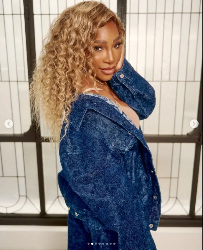 Under a denim jacket and matching jeans, Serena Williams wore a shapewear bodysuit and showed off her svelte curves