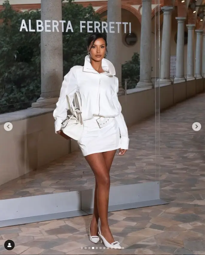 At the Alberta Ferretti show on Tuesday, Maya Jama dressed effortlessly chic in an oversized white shirt dress.