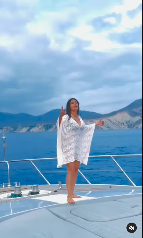 In a video shared to Instagram, Salma Hayek flaunted her ageless physique as she danced on a yacht in a see-through dress to her summer 2024 track.