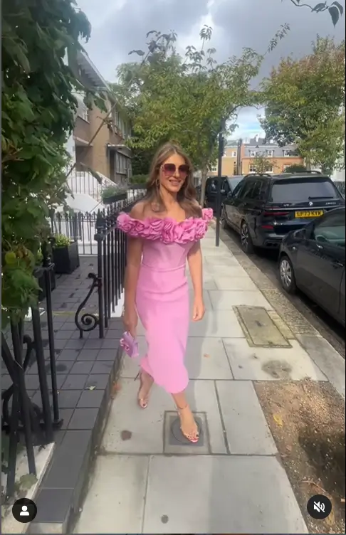 Elizabeth Hurley looked sensational in an off-the-shoulder Rebecca Vallance midi dress at the Future Dreams Ladies Lunch hosted by Estee Lauder Companies at The Savoy Hotel.