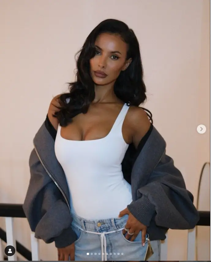 A plunging white top and stylish jeans were Maya Jama's choice for the star-studded event at Wembley as she shared a number of snaps online.