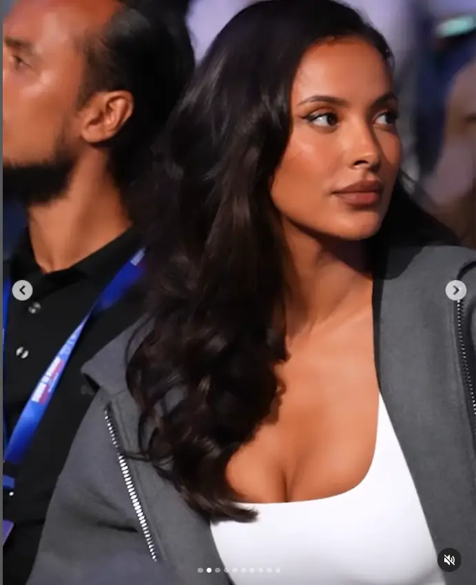 It was a stunning outfit by Maya Jama as she showed her bust in a plunging white top paired with stylish jeans and a grey hoodie