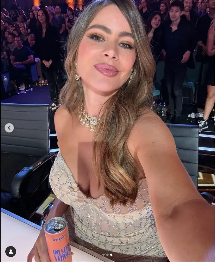 Featuring a semi-sheer, corset-type bodice and shimmering, silver embellishments for a dazzling touch, Vergara wore a pair of shiny, open-toed gold heels secured with thin ankle straps.