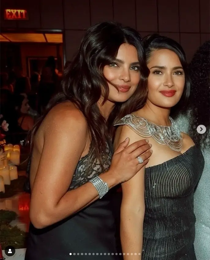 A dazzling black gown adorned Salma Hayek as she attended the third annual Caring For Women dinner hosted by Kering, François-Henri's luxury fashion group.