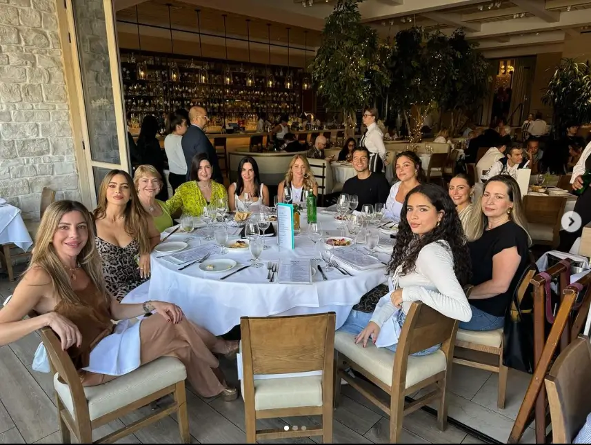 In a leopard print midi dress, Sofia Vergara showed off a generous amount of cleavage while eating lunch with friends at celeb hot spot Avra in Beverly Hills.