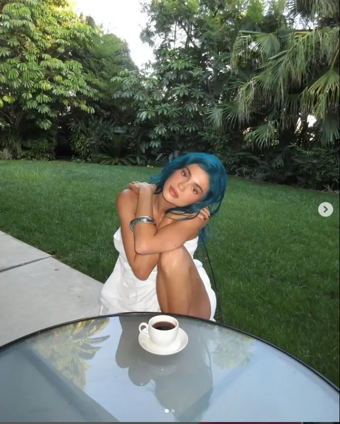 In her latest Instagram post, Kylie Jenner demonstrated off her new blue hair by sitting in her yard with just a white towel wrapped around her famous curves.