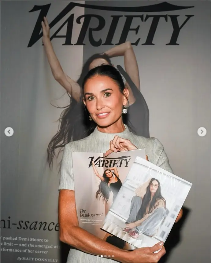 With a pouf dress, Demi Moore reveals flawless skin at the event celebrating her Variety magazine cover