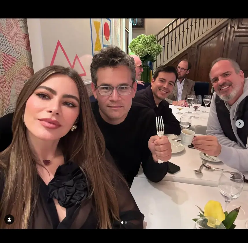 In a plunging black corset, Sofia Vergara displays her bust once more as she enjoys dinner with pals