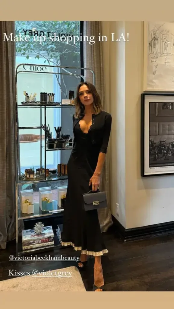 Taking to Instagram, Victoria Beckham shared snaps of her day out shopping in Los Angeles in a plunging black dress.