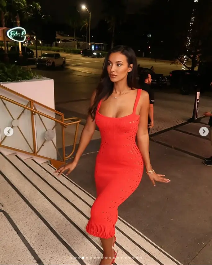 Maya made a bold fashion statement on her evening out, wearing a stunning red crochet midi dress paired with matching heels that added height to her look. She definitely turned heads wherever she went!