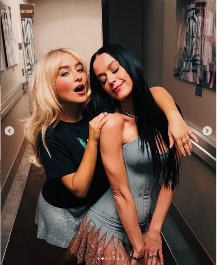 To open her gallery, Katy shared a hallway picture featuring herself and the "Espresso" singer. Her slim shoulders and arms drew the eye to her waist, creating a stunning visual.