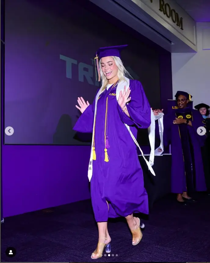 The elegant white dress that Dunne wore under her black graduation gown caught everyone's attention. Her confident and glamorous side was highlighted by the figure-hugging design, perfectly complimenting her physique as a gymnast.