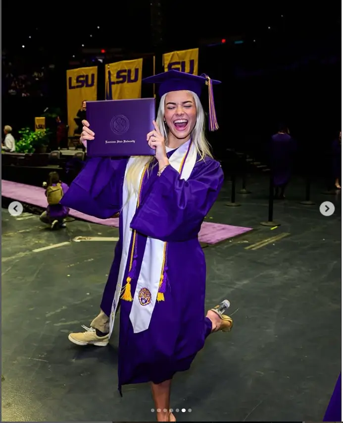 Dunne shared a series of photos on Instagram, proudly holding her diploma in front of LSU's iconic Tiger Stadium. This serves as a symbolic representation of her strong bond and affiliation with the university.