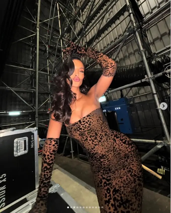 Maya Jama dazzled in a figure-hugging leopard print bodycon dress while celebrating her first appearance on The Masked Singer panel alongside Davina McCall.