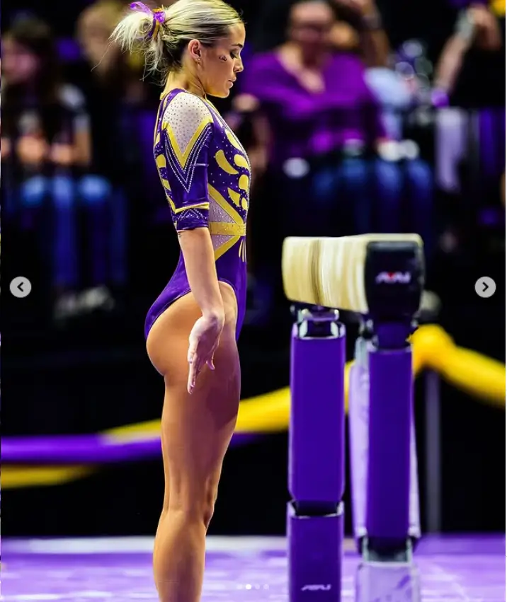 Olivia Dunne was an absolute standout, captivating her fans with a breathtaking purple and gold “Wonder Woman” leotard