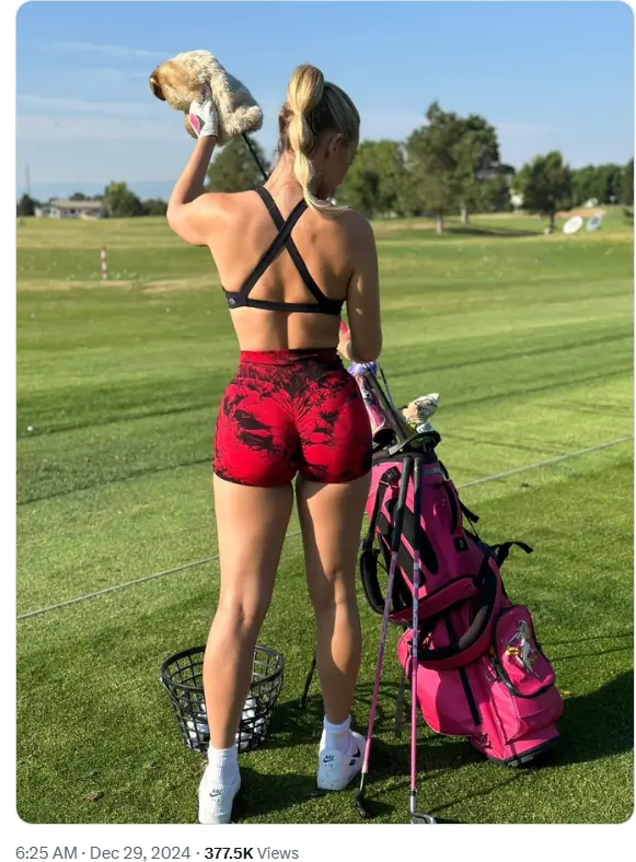 Fans were left doing double takes when golfer Paige Spiranac posted a photo from the driving range wearing a stunning fitted golf top and short skirt ensemble.