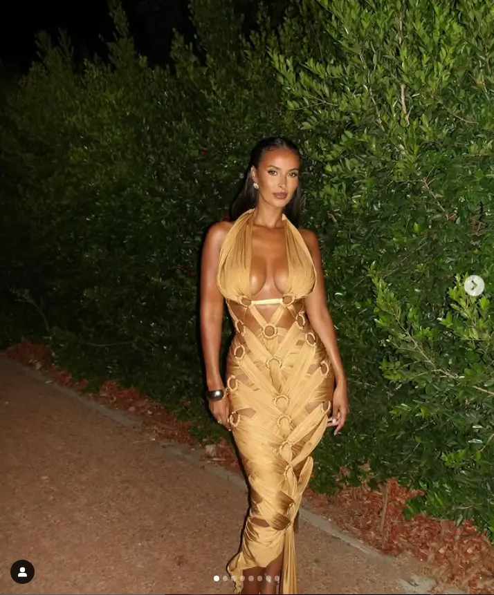 Maya Jama wowed fans with her stunning figure in a series of sizzling snaps. Her jaw-dropping curves were on full display as she confidently showed off her golden dress.