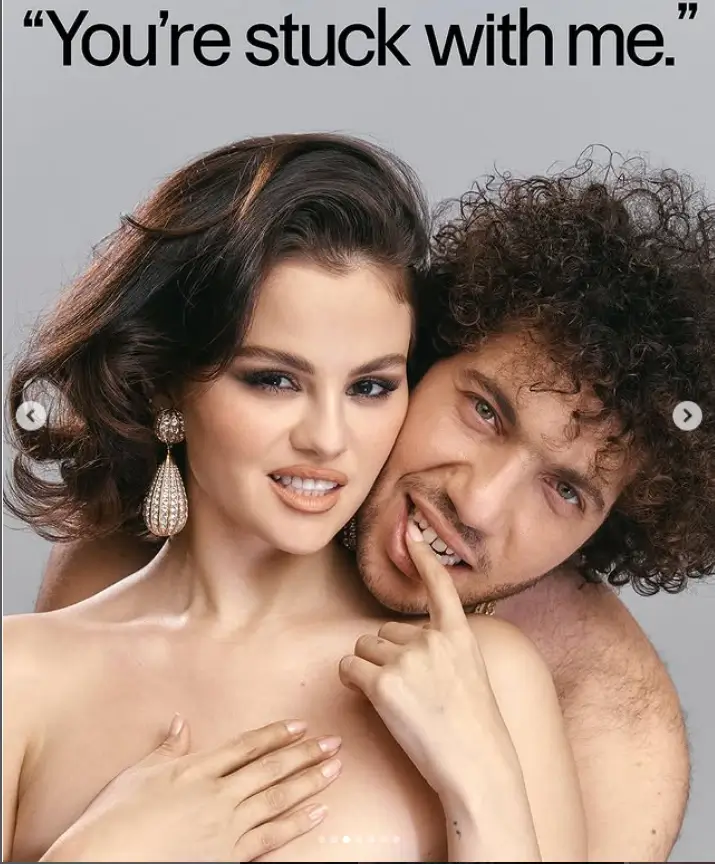 Selena Gomez and her fiancé, Benny Blanco, have posed topless for the cover of Interview Magazine's March 2025 issue.